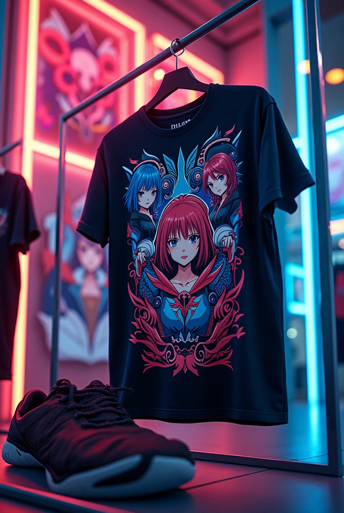 Generate an image of several t-shirts with different anime designs and give it an aesthetic background with neon lights.