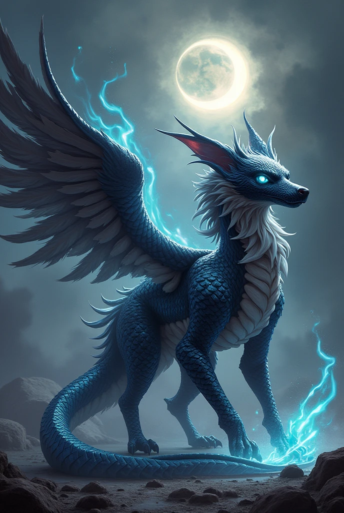 Create me a Pokemon. Type Dark, spirit, 火. A mixture of snake, Phoenix and Wolf. Insert the crescent moon and yin yang symbol into the figure.