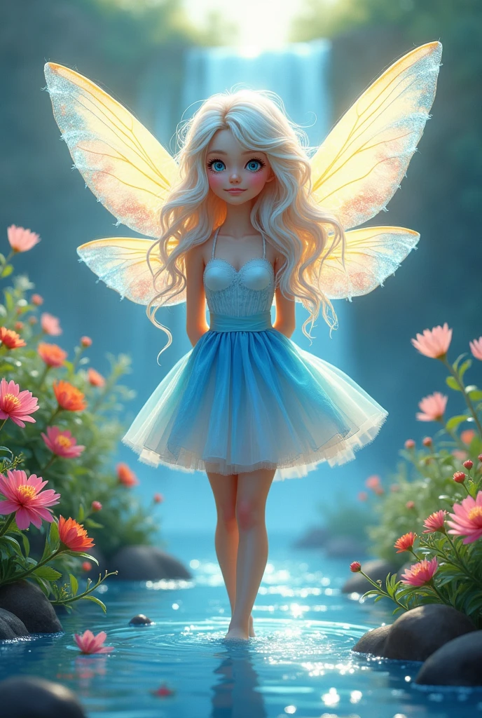 Please create a full-body fairy wrapped in vibrant, radiant lights.. She must have long, wavy white hair.. Your features should be youthful and cheerful. She must have dragonfly wings with soft tones. Your skin should be white and glowing. Your eyes should be blue and tender. She must be wearing a white and blue dress with light and bright colors.. Ela deve estar sorrindo. Your feet must be in the water. Your arms should be crossed behind your back hiding your hands. There should be a waterfall in the picture and a river surrounded by flowers of different colors on a beautiful plain with a clear sky and a bright sun.. The fairy&#39;s pose should be one of joy as if she were playing within the context of the image.. Your artistic skills are crucial to bringing this vivid and radiant work of art to life.