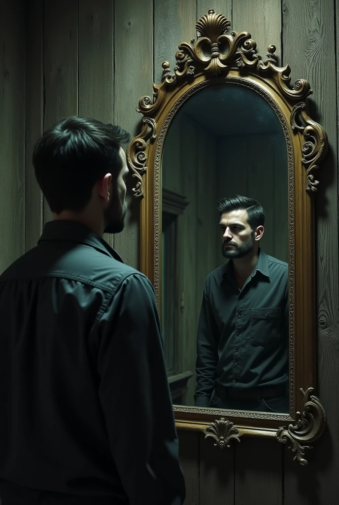 A man looking at himself in the mirror in a slightly spooky wooden house, and its reflection is a happy family 
