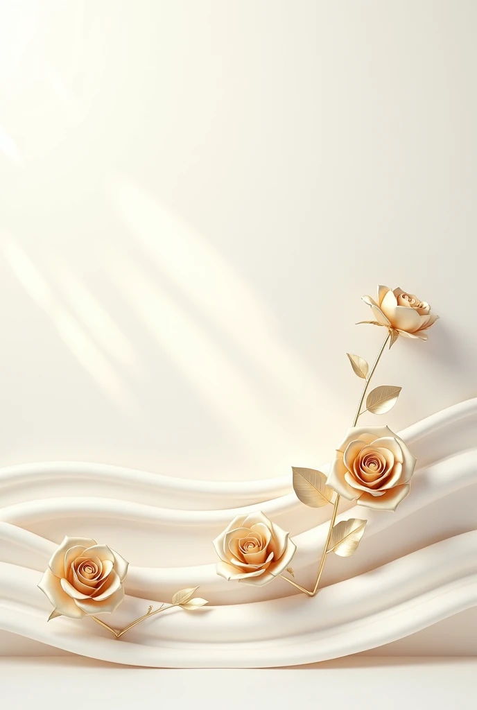 White rough background and on it
Straight horizontal es in a soft white color and interwoven with a few 3D gold roses