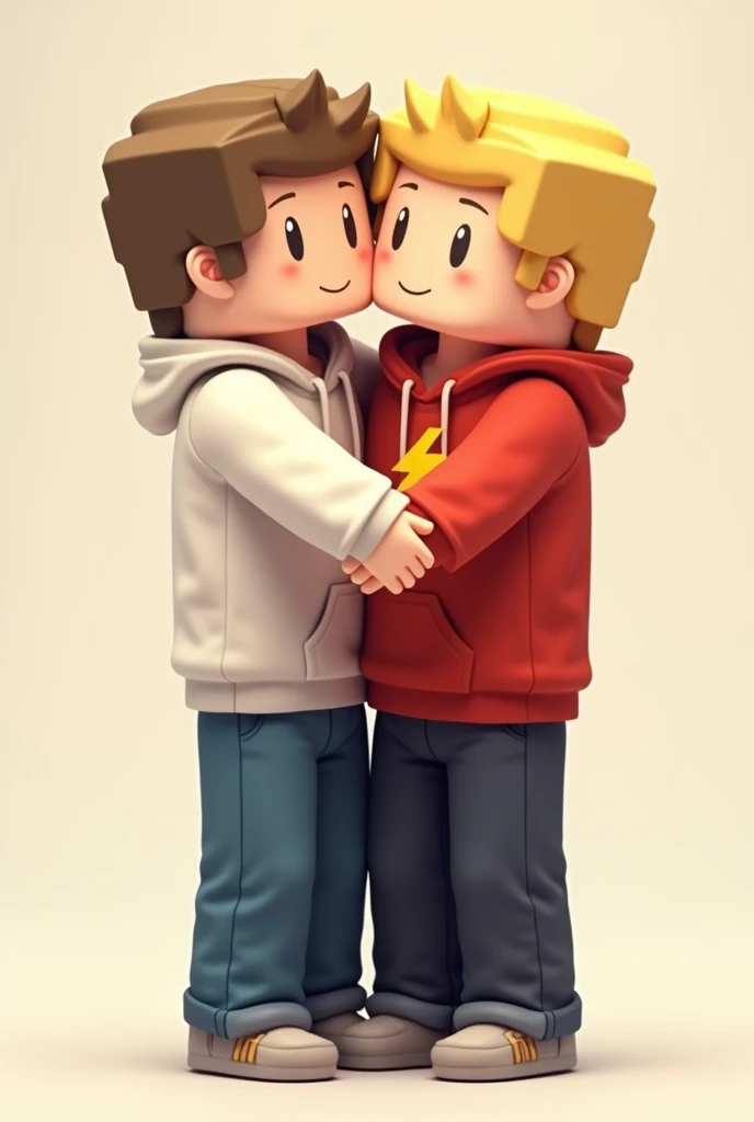 Create a detailed image of two Minecraft-style characters hugging. The first character has light brown hair, wears a white hoodie, and blue jeans. The second character has blonde hair, wears a red hoodie with a yellow lightning bolt on the front, and dark pants. They should be standing in a simple, neutral background with their arms around each other, showing a warm and friendly embrace." um do lado do outro, os dois sao homens sem rosto colado