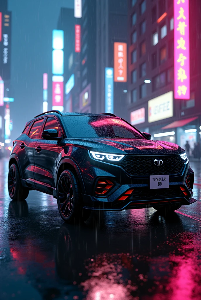 (photorealism:1.2), full glossy black tata harrier with body kit at night in rain in cyberpunk city