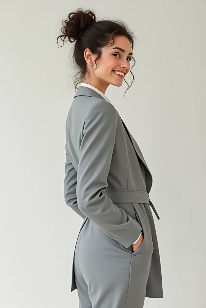 woman of average height, minimally athletic body, skin fair, medium dark brown curly hair tied up, Grinning, wearing a light gray men&#39;s suit and standing sideways