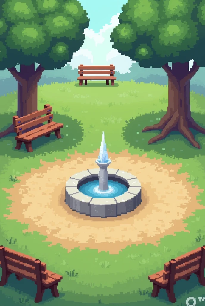 Create a pixel art scene depicting a park with a fountain. The park should include basic elements like grass, trees, and park benches. The fountain should be a simple, stylized structure with minimal detail, focusing on the shape of the fountain and water flow. Use a pixelated style with a limited color palette (e.g., greens for grass, browns for benches, and grays for the fountain) to keep it consistent with classic pixel art aesthetics. Ensure the design is clear and recognizable, with each element defined by distinct pixel patterns