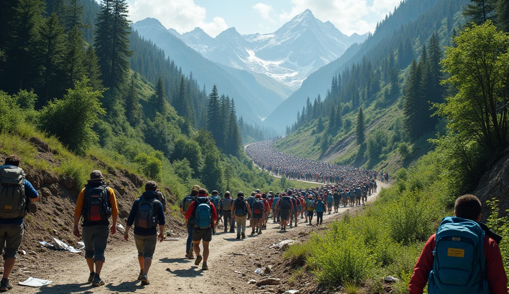 a similar picture showing how tourists overcrowd and pollute a hiking trail in the mountains