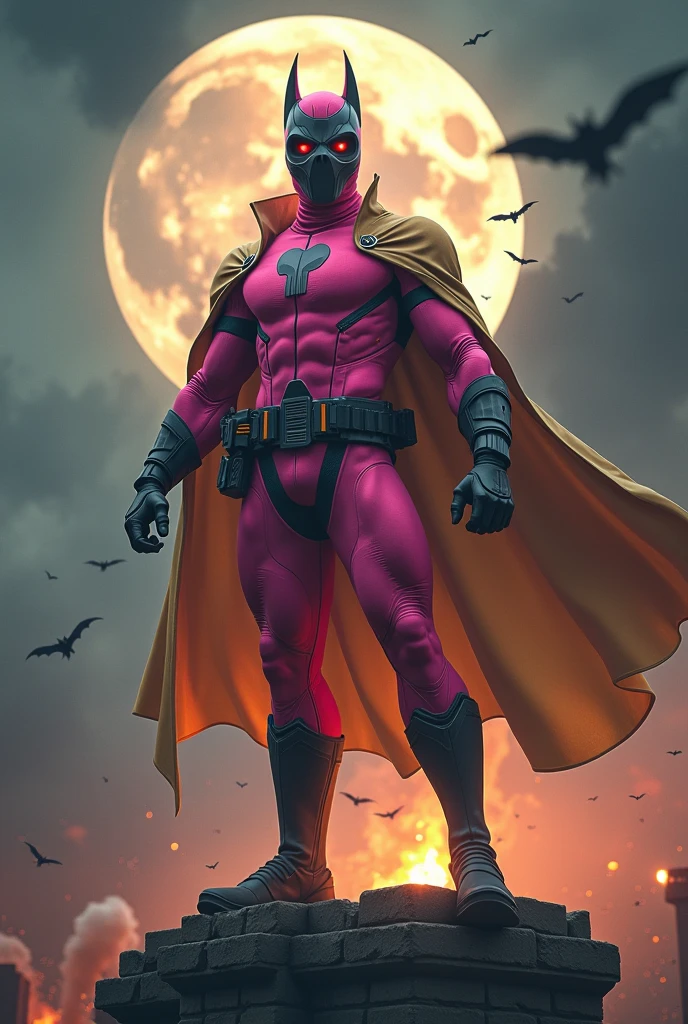 Malaysia man in high-tech suit, vivid effects, malaysian superhero(( (KELUANG MAN)) in a striking pink and brown beige costume cyberpunk design((, mask small mini bat ear beige,))(( daredevil beige batman mask beige))jumpsuit dark pink stands confidently in a dramatic.jumping from high place.hero costume.one hand rise up. (Small punisher in triangle shape on chest.). jumping from hight place. Fighting pose , stormy landscape. ((Head covered node guard like batman.)) Running pose , athletic body type, small mini ear bat mask))The character wears domino mask a helmet with pointed mini torn ears and a flowing cape biege, open nose and mouth. Equipped with visible futuristic weapons on a belt,bullet proof jacket pink dark day.show fingers pose, dark night, big supermoon effect . Small logo on chest triangle shape small ((mitch gerads punisher ) )). rocky. Building top.smoke ground , bomb effect background((, losse pants, losses costume.))adding to --ar 3:4 --style raw --stylize 500 --v 6.1. chaos. Lot of small flying bat. Hand glove. One leg on the high stone. Man. Backpack . Real man age 40 year old. One hand holding belt. Jump from high place. Open cape.two hand holding pistol