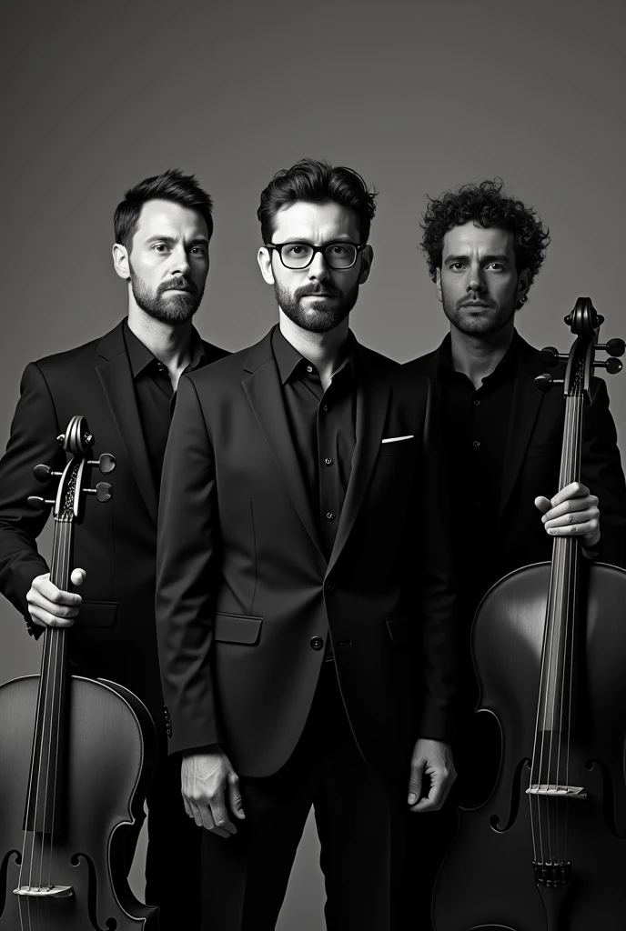 an image of 3 male artists, a beardless singer guitarist with glasses in the center, A curly-haired cellist on the right side and another violinist artist on the left, all with poses focused on the center and with a suit, black shirt and tie, the whole image with all black and white