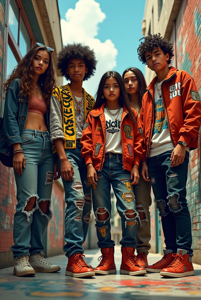 Young Latinos 18 to 2, Urban clothing with crazy designs at the music school 
