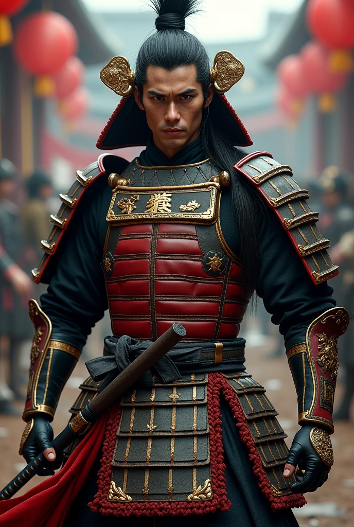 samurai warrior, ((masterpiece, highest quality, Highest image quality, High resolution, Raw photo, 8K)), ((Extremely detailed CG unified 8k wallpaper)), (huge stunning warrior shot, full body, musclural body beauty:1.4), black hair, black hair, nervous, Posing for the camera, In a warrior fighting stance, resplendent suit of armor, with a fierce, determined expression, and a war fan in hand.
Pose: Standing tall with the war fan pointed forward, representing his innovative leadership., photorealistic, 16k, 8k, 4K, award winning