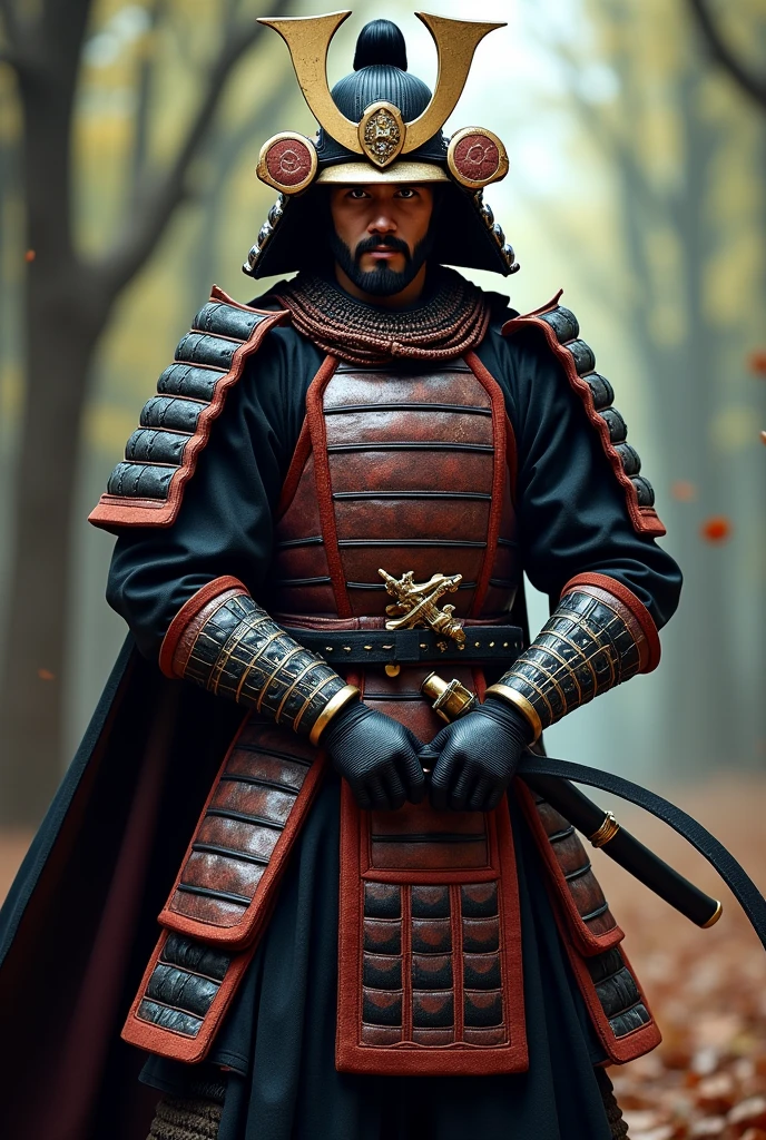 samurai warrior, ((masterpiece, highest quality, Highest image quality, High resolution, Raw photo, 8K)), ((Extremely detailed CG unified 8k wallpaper)), (huge stunning warrior shot, full body, musclural body beauty:1.4), black hair, black hair, nervous, Posing for the camera, In a warrior fighting stance, resplendent suit of armor, with a fierce, determined expression, and a war fan in hand.
Pose: Standing tall with the war fan pointed forward, representing his innovative leadership., photorealistic, 16k, 8k, 4K, award winning