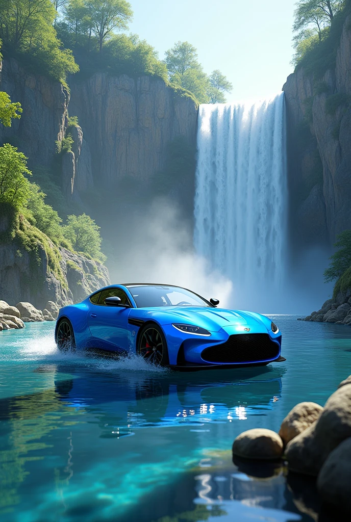 A bule car with waterfall