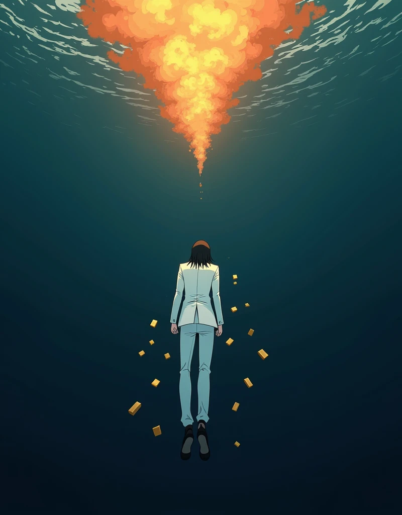 Create a anime style landscape image. Surreal digital artwork depicting vertically floating a dead man in a white suit submerged underwater, floating in a dark, deep blue environment. The man has  dark long hair and light skin, and his body is oriented horizontally with his back facing the viewer. Above the water's surface, there is a dramatic, fiery explosion with bright orange and yellow hues, creating a stark contrast with the dark water below. Scattered around the man are several gold bars, adding an element of intrigue and symbolism to the scene. The overall composition is striking, with a strong contrast between the calm underwater setting and the chaotic explosion above.