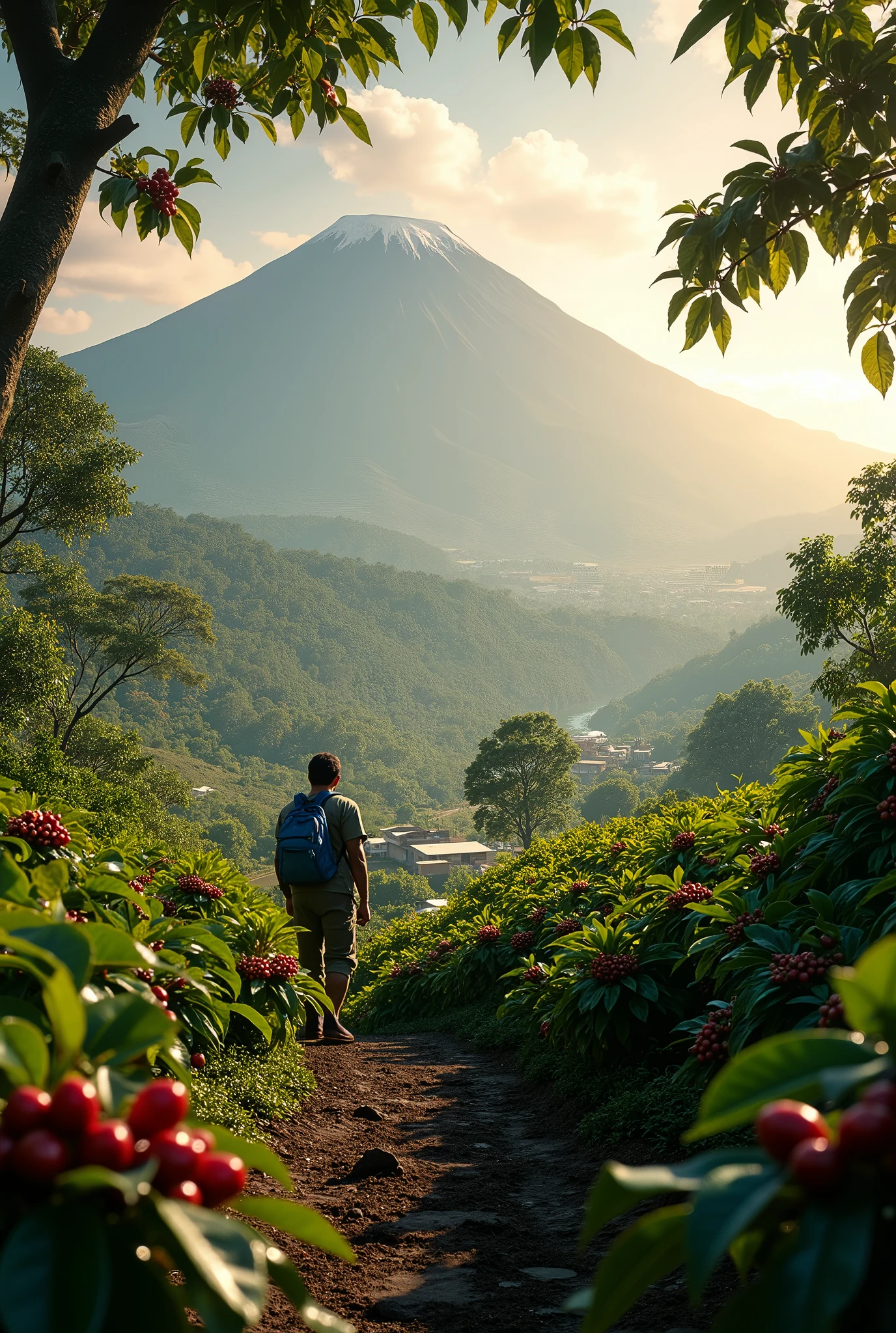 (best quality,4k,8k,highres,masterpiece:1.2),ultra-detailed,realistic,portraits,green,beautiful,coffee plantations,red coffee berries,rich soil,dew-covered leaves,morning sun,kilimanjaro backdrop,warm golden light,artistic,emerald,coffee bean fields,dense,abundant shade,cool breeze,harvest season,ripe cherries,fresh aroma,coffee lovers,ethereal,vibrant,serene,tranquil,peaceful,indulgent,caffeine,aromatic,fertile soil,coffee hamlet,quaint,farmers,proud,baristas,cultivation,hand-picked,brewing tradition,artisanal craftsmanship,coffee cup,fragrant steam,journey of flavors,caffeination,remote location,distant mountains,cascading waterfalls.