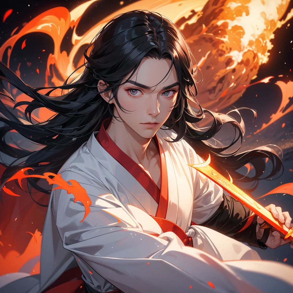 A Handsome black-hair male holding a large sword in white hanfu dress, Background is a volcano, lava erupting red, close up.