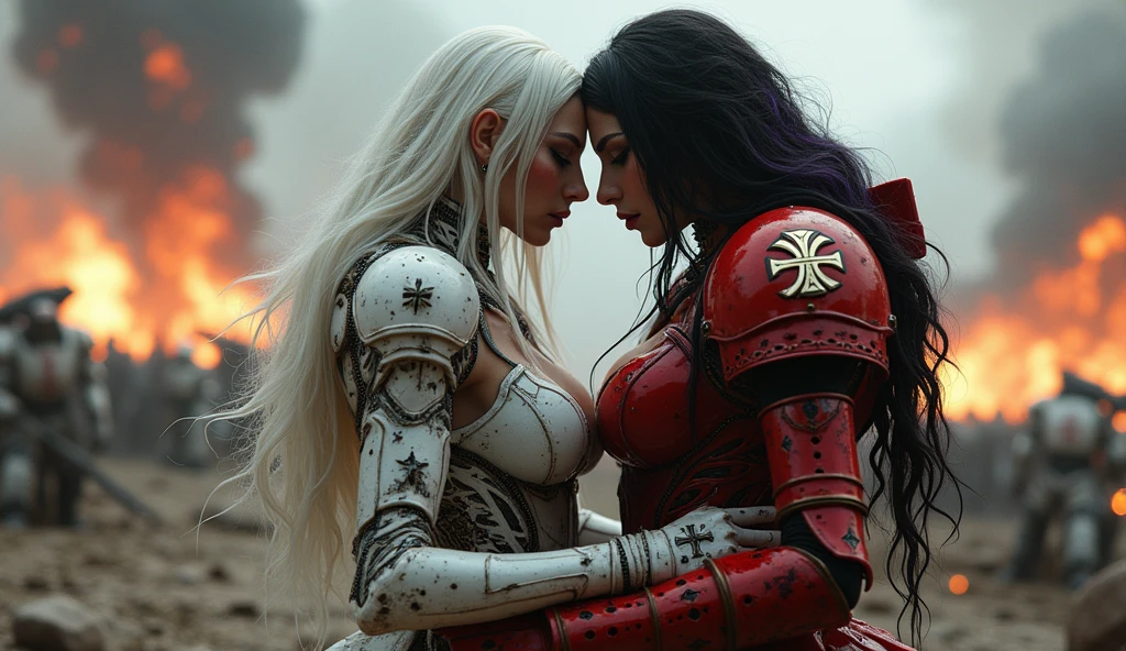 Full body pose sexy sisters of battle from the warhammer 40k, kissing and hugging, red space marine armor with intricate details, white space marine armor with intricate details, symbols on the armor, sisters of battle, warhammer 40k, Massive exposed silicone breast, pale skin, seductive, temptation, eat your soul, clevage, long white flowing hair, long black flowing hair with purple highlights, heavy gothic makeup, at night, neon, beautiful detailed eyes, beautiful detailed lips, extremely detailed eyes and face, long eyelashes, highly detailed space marine armor, intricate futuristic laser weaponry, dramatic lighting, cinematic composition, muted color palette, gritty and realistic, mecha, science fiction, hyper-detailed, photorealistic, award winning digital art, 8k, HDR, masters work, in the middle of a battle field, explosions and fire around, full war, stunning, Stilleto heels, high heels, full body pose, cinematic, movie trailer, nemesis, dust and debree, fanatic, religious, sisters of battle, warhammer 40k, bimbo gigantic exposed breast, kissing, stilleto heels, cinematic light, cameltoe pussy, beautiful pussy, wet pussy, wet body, oiled body, gigantic breast, dynamic super sexy dynamic pose, sisters of battle from the warhammer 40K, passionate kissing, seductive, one night stand, working as whores, award winning photo, worthy of oscars scene