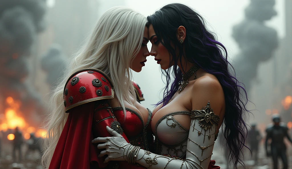 Full body pose sexy sisters of battle from the warhammer 40k, kissing and hugging, red space marine armor with intricate details, white space marine armor with intricate details, symbols on the armor, sisters of battle, warhammer 40k, Massive exposed silicone breast, pale skin, seductive, temptation, eat your soul, clevage, long white flowing hair, long black flowing hair with purple highlights, heavy gothic makeup, at night, neon, beautiful detailed eyes, beautiful detailed lips, extremely detailed eyes and face, long eyelashes, highly detailed space marine armor, intricate futuristic laser weaponry, dramatic lighting, cinematic composition, muted color palette, gritty and realistic, mecha, science fiction, hyper-detailed, photorealistic, award winning digital art, 8k, HDR, masters work, in the middle of a battle field, explosions and fire around, full war, stunning, Stilleto heels, high heels, full body pose, cinematic, movie trailer, nemesis, dust and debree, fanatic, religious, sisters of battle, warhammer 40k, bimbo gigantic exposed breast, kissing, stilleto heels, cinematic light, cameltoe pussy, beautiful pussy, wet pussy, wet body, oiled body, gigantic breast, dynamic super sexy dynamic pose, sisters of battle from the warhammer 40K, passionate kissing, seductive, one night stand, working as whores, award winning photo, worthy of oscars scene
