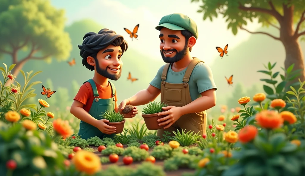 Include a scene where Ali is helping Hasan, in field garden demonstrating the guidance and support.Cartoon 3d image