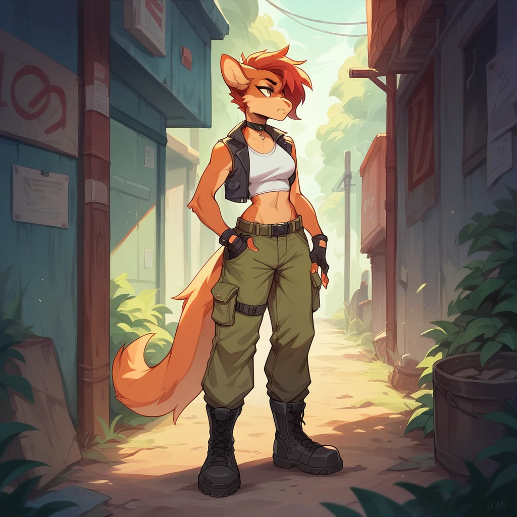 Female anthropomorphic character, with a perfect body, sleeveless crop top, choker, jaket, cargo style pants that have large side pockets, gloves fingerless, lace-up boots