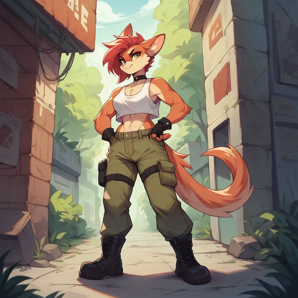 Female anthropomorphic character, with a perfect body, sleeveless crop top, choker, jaket, cargo style pants that have large side pockets, gloves fingerless, lace-up boots