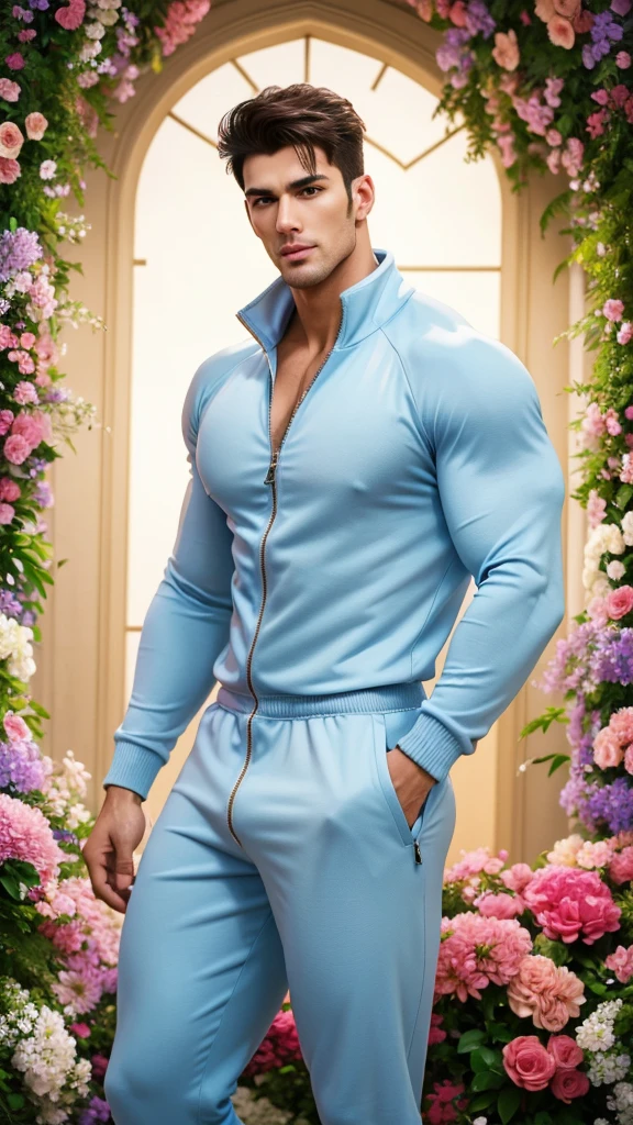 (absurdres, highres, ultra detailed, Ultra HD), ((tall handsome muscular man with a strong physique, solo, male model modern clothing, Full length portrait: 1.5, wearing a (zip-up jumpsuit) that is unzipped, verious flowers around him, the man is standing comfortably in the flowers, jewellery, bulge: 1.2,)), beautiful, gorgeous, wet, mature, perfect eyes, sexy gaze, (looking at the viewers romantically), perfect body, smooth skin, a hot glow in his skin, extra large chest, largest breasts, extremely large pectorals, big nipples, breathtaking grandeur, model pose, colorful, artistic, focus on his calm facial features, elegant look, sexy posture, full body view,