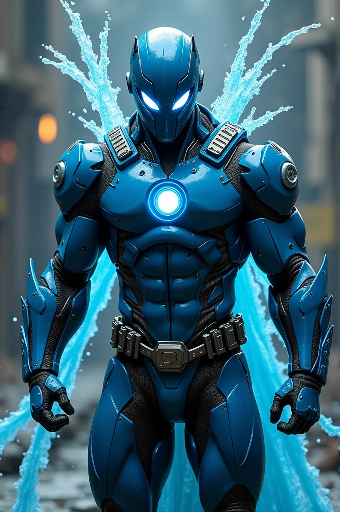 Generate a costume "heroi" blue with glowing white eyes that eject water through long, thick cables that extend from the back of the suit, that the suit has a helmet that has a visor in the shape of "glasses" sharp and angry, that has an opening in the mouth part of it, and that he has several mechanical things on his back