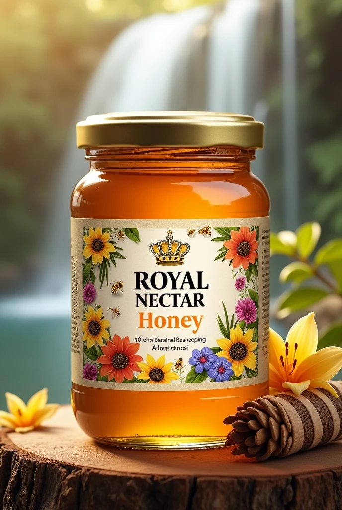 Create an image for a Honey label that says Royal Nectar, that also put Barahona beekeeping association, with flowers and bees and a waterfall in the background blurred the married, and realistic.