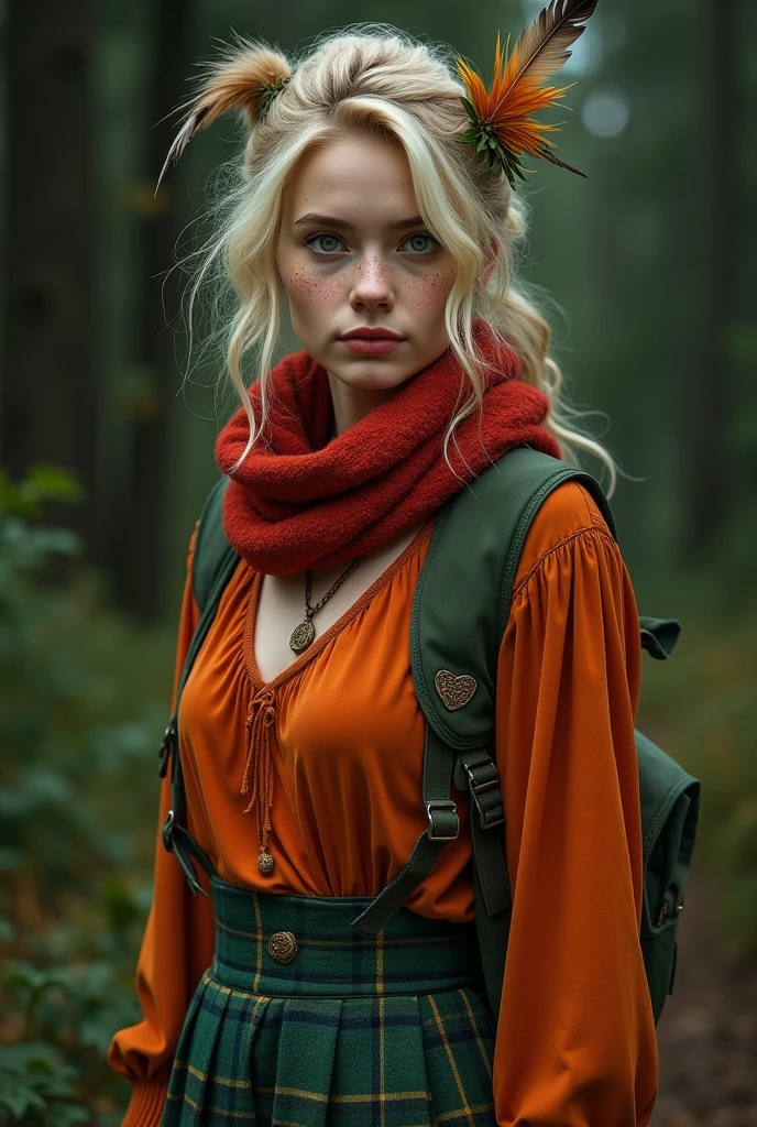 (masterpiece:1.2),highest quality,High resolution,unity 8k wallpaper,(illustrwion:1),perfect lightwg,photograph_\(Moderate\),photographrealistic,realistic, 1 girl, One person, lookwg for w viewer, outdoors,dark_shot, ashley graham, orange clothes, green plaid skirt, 1 girl, blondes_hair, fewhers, green_eye, lookwg for_w_viewer, Paradigality_uniform, realistic, short_hair, One person, sweep_Front hair, upper_body, 1 girl, One person, lookwg for_w_viewer, short_hair, Cocoa Brown_hair, green_eye, Jacket, upper_body, scarf, lips, leaf, freckles, red_scarf, realistic, background