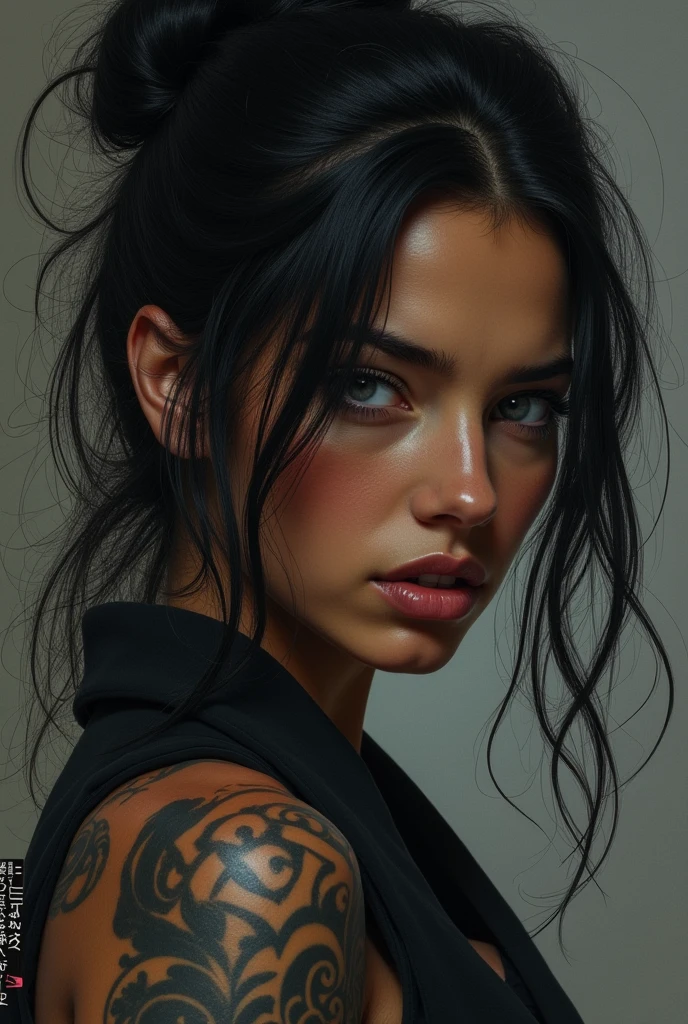 realistic drawing woman, Dark skin, gray eyes, Japan, in worn color, Goddess, warrior, Norman Rockwell style illustration, tattooed, portrait, he would be, strong look, cinematic lighting, streets at night, black color, Dark, Samurai, punk,