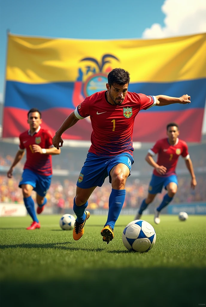 Create multiple images by mixing a soccer ball, the flag of Ecuador and players like Moises Caicedo, Piero Hincapie and William Pacho
