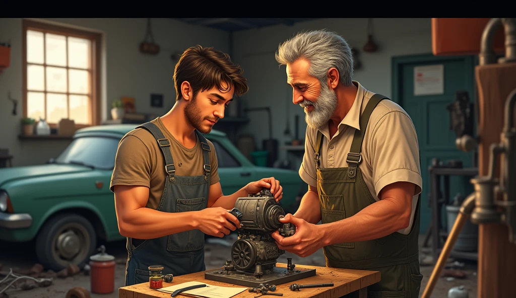 An image of Pedro as a young man, around , in his father's workshop. He is dirty with grease, in simple clothes, and is repairing a small machine next to his father, who is an older man, tired-looking, but smiling proudly at his son.
Environment: The workshop is modest, with tools scattered around, some engine parts and an old car in the background.