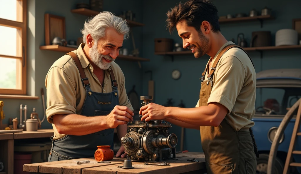 An image of Pedro as a young man, around , in his father's workshop. He is dirty with grease, in simple clothes, and is repairing a small machine next to his father, who is an older man, tired-looking, but smiling proudly at his son.
Environment: The workshop is modest, with tools scattered around, some engine parts and an old car in the background.