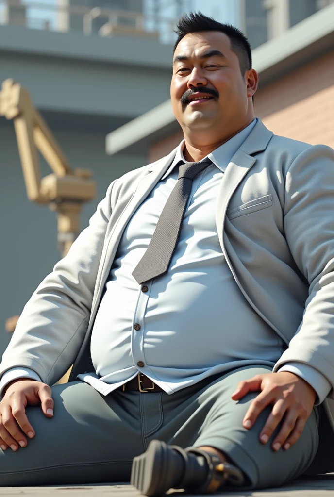 Fat man with dark skin and no facial hair, short hair sitting backwards in a wheelchair with gothic style 