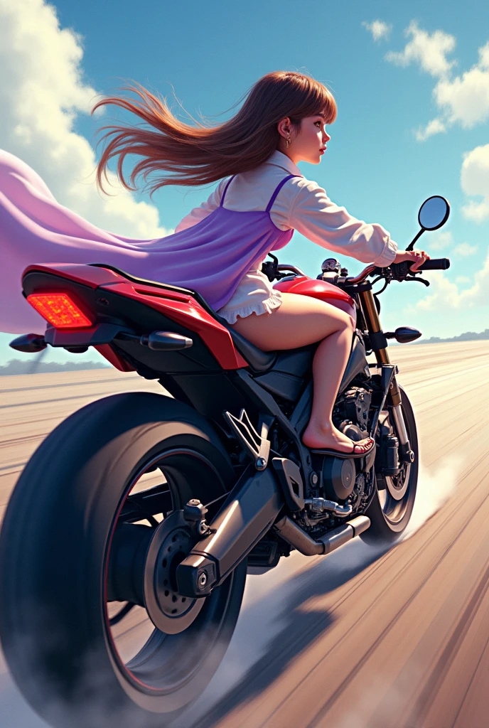 A back view of motorcycle riding of a rider boy and his leady. leady sitting on higher back seat behind the rider, bike move fast and Due to the force of the wind, her frok floats in the wind, and shoes her butt with violet string panty