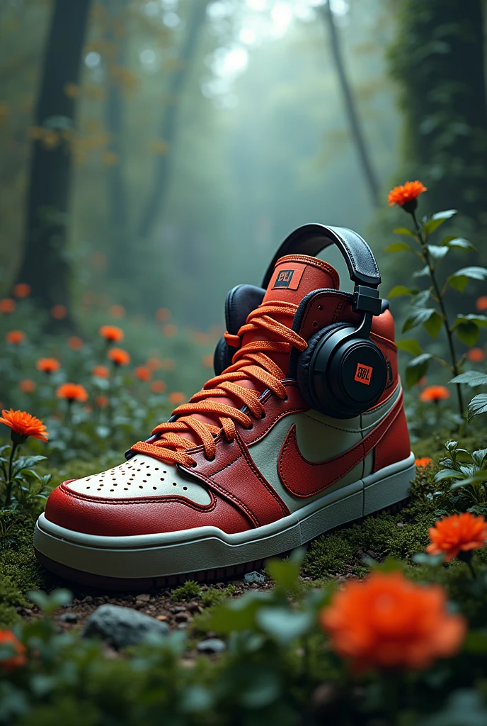 A nike air jordan sneaker with a JBL gaming headphones with Green Plants and Flowers grabbing you in the middle of an Enchanted Forest, with a streetwear-style background, ultra detailed, realistic, --AR 4:5 --V 6.1 ...