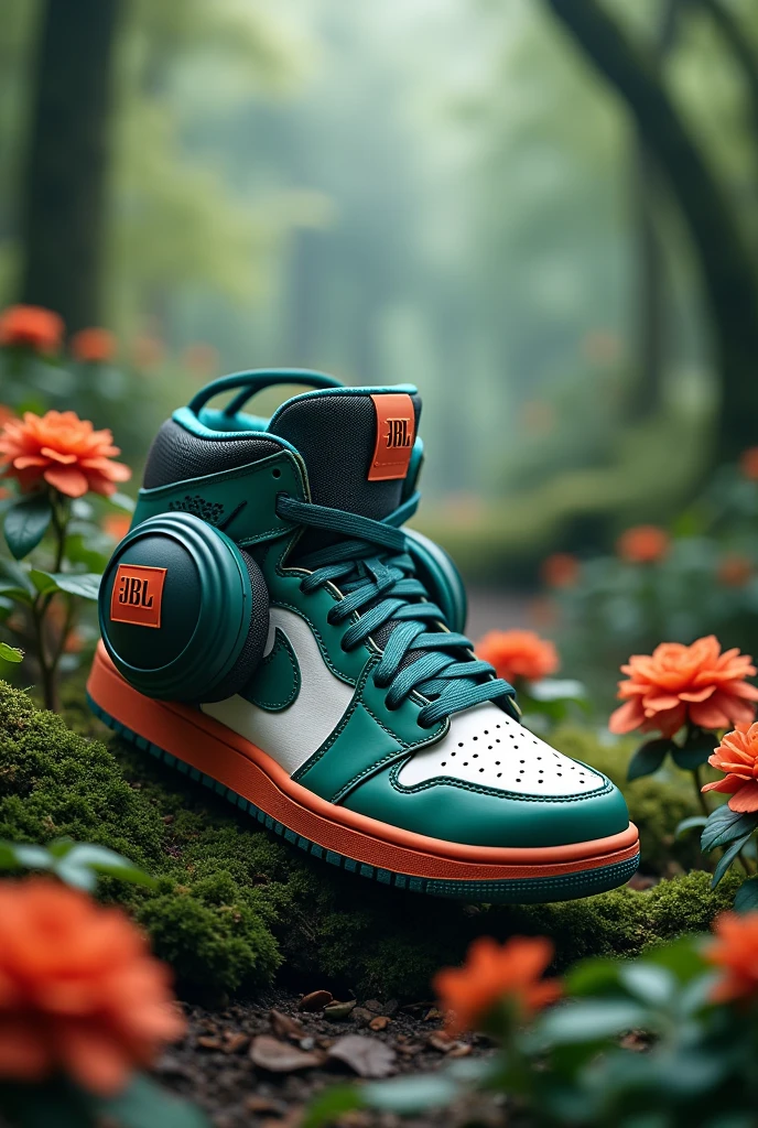 A nike air jordan sneaker with a JBL gaming headphones with Green Plants and Flowers grabbing you in the middle of an Enchanted Forest, with a streetwear-style background, ultra detailed, realistic, --AR 4:5 --V 6.1 ...