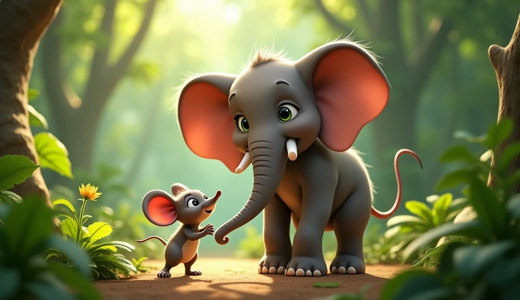 In 3d style "Mouse Chiku and big elephant Mohan standing together, smiling, amidst the restored jungle, showing their strong friendship and teamwork"