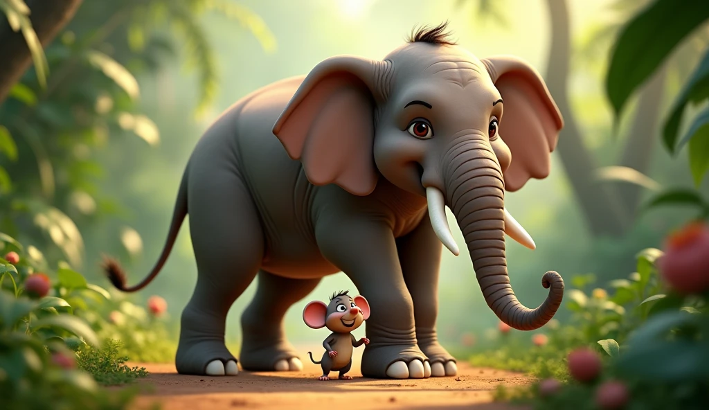 In 3d style "Mouse Chiku and big elephant Mohan standing together, smiling, amidst the restored jungle, showing their strong friendship and teamwork"