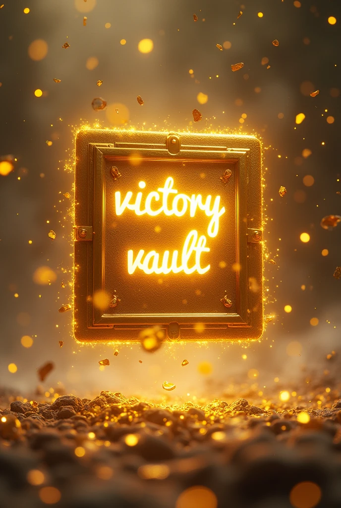 There is gold flying above a gold rectangle and "Victory Vault" is written on it with white glowing light.