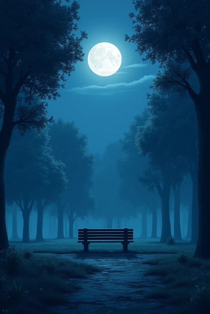 Generate me an image of a park at night where you can see a bench without people under the full moon 