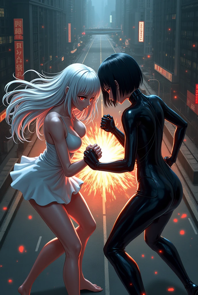 The image is anime style Darker than black with shadows and dim lights, anime style although somewhat adult and dark, It shows a scene of the roads of a city. In the image, an albino with long white hair and red eyes is fighting., who wears a short white dress and has bare feet, against a female android who has short black hair and a latex suit. They fight bare-knuckle over the highway, Shock waves come out of their blows. The image is focused from above, so you can barely see the fighters in question.