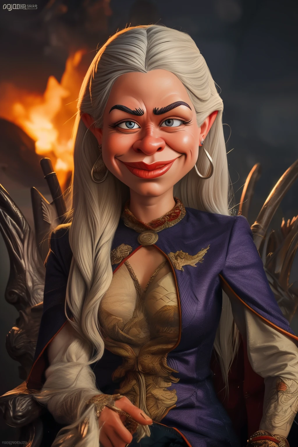 (((caricature style: 1.5))), exaggerated features, bold lines, vibrant colors, digital painting, cartoonish, big head, smiling,long neck,  (( Rhaenyra Targaryen caricature, exaggerated features, silver hair flowing in the wind, intense purple eyes)) , regal yet determined expression, dragon scales subtly integrated into her clothing, sitting on an iron throne made of dragon bones, background of a burning city, dramatic lighting, digital painting, cartoonish, bold lines, vibrant colors, high contrast, sharp details, fantasy elements, medieval atmosphere, epic and powerful, (masterpiece: 2), best quality, ultra highres, original, extremely detailed, perfect lighting
