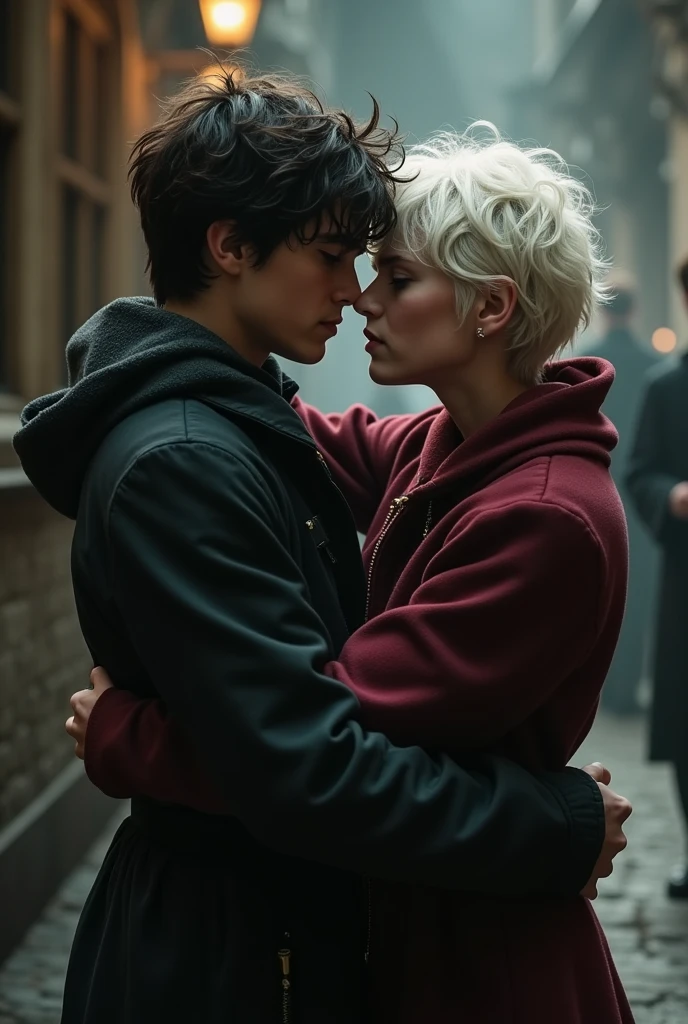 Crie James Potter, He is kissing with a , who has black hair, gray eyes and is pale, but very beautiful. They are both agers and the setting is Hogwarts.