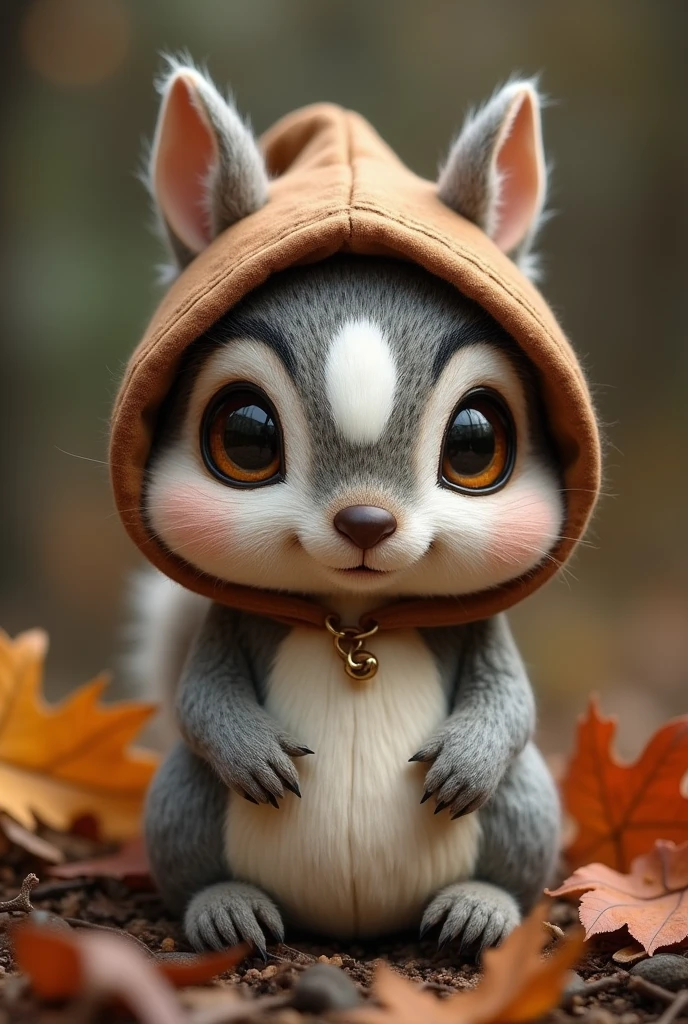 Squirrel doll with a white spot in the middle of the face with a brown hood