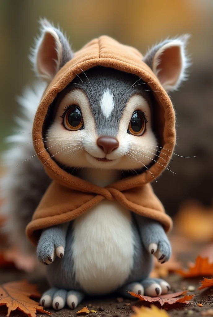 Squirrel doll with a white spot in the middle of the face with a brown hood