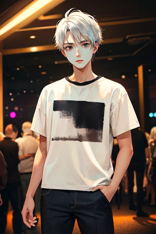 ((masterpiece)), (((best quality))), chromatic lighting,
colorized, white + black limited color palette, 
detailed concept drawing,
in a club, street fashion, no weird object on his face,
portrait, 20yo 1guy, slender, short white hair, black eyes, posing