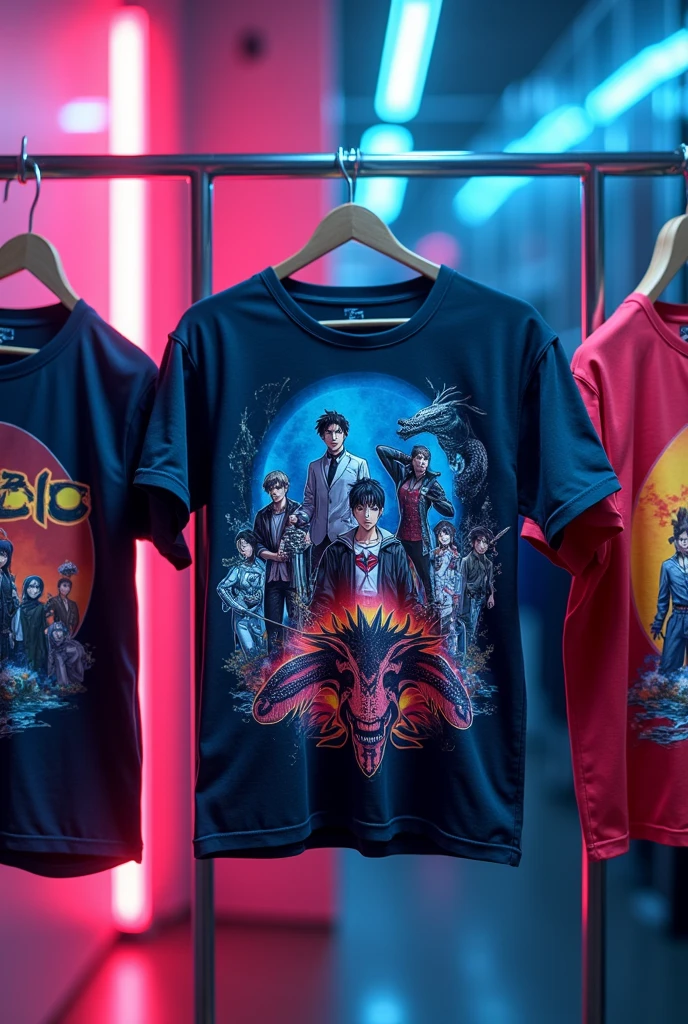 Generates an image of several t-shirts, minimum 4, with different anime designs and give it an aesthetic background with neon lights.