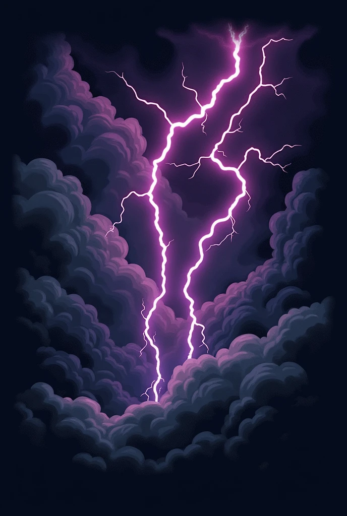 Black background image with gray clouds and 3 thick dark purple lightning bolts in comic book art style as t-shirt print