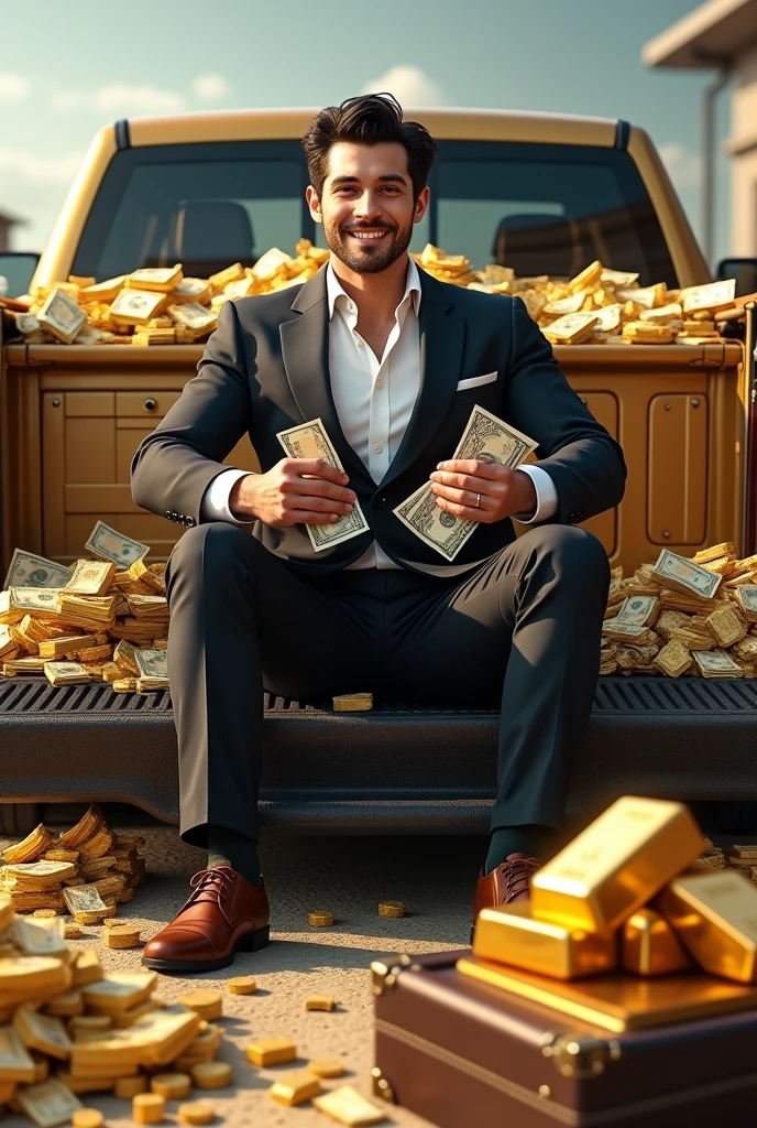 Handsome elegant man with bundles of banknotes in his hands and in suitcases, gold bars, Driving a GMC Sierra Denali Ultimate Pickup, 4, white skin, no beard or mustache, happy and realistic black hair