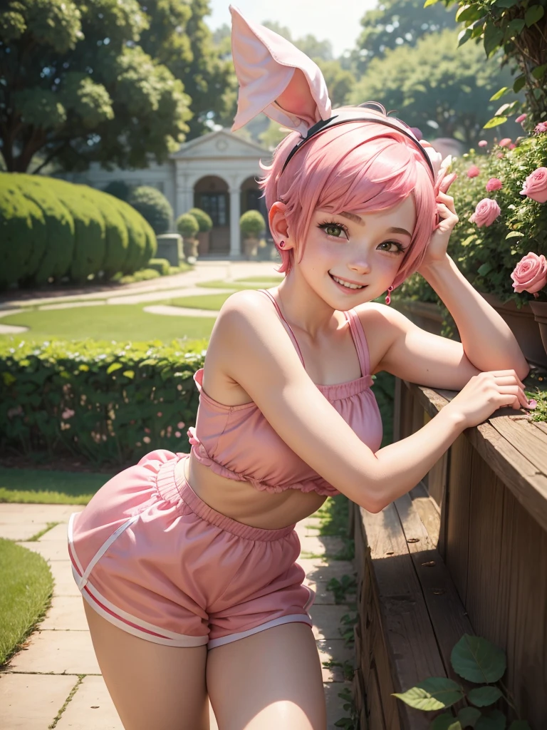 1 boy,cute,pink hair,mischievous smile,conjunctivitis,bunny ear headband,short hair,Swipe left,Red earrings, pink dress,shorts,voluptuous,rose garden,Rich people's house